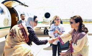 First Lady of Pakistan, Bibi Aseefa Bhutto Zardari along with Sindh Health Minister Dr Azra Pechuho receiving Anna Bjerde, Managing Director of the World Bank and her delegation at Nawabshah Airport