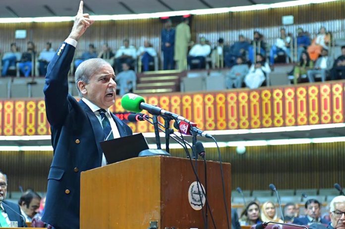 Prime Minister Muhammad Shehbaz Sharif addresses the National Assembly session