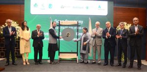 Advisor to Finance Minister Khurram Schehzad Performing the "Gong Ceremony to mark the launch of Government of Pakistan's Sovereign Domestic Green Sukuk" at Pakistan Stock Exchange PSX
