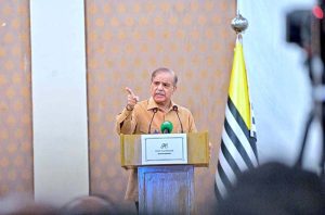 Prime Minister Muhammad Shehbaz Sharif addressing the cheque distributing ceremony amongst the families of martyred during Ma'arka-e-Haq