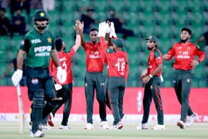 Bangladesh players celebrate the wicket of Fakhar Zaman by Shoriful Islam during the first T20 International cricket match between Pakistan and Bangladesh of the three match series at the Gaddafi Cricket Stadium