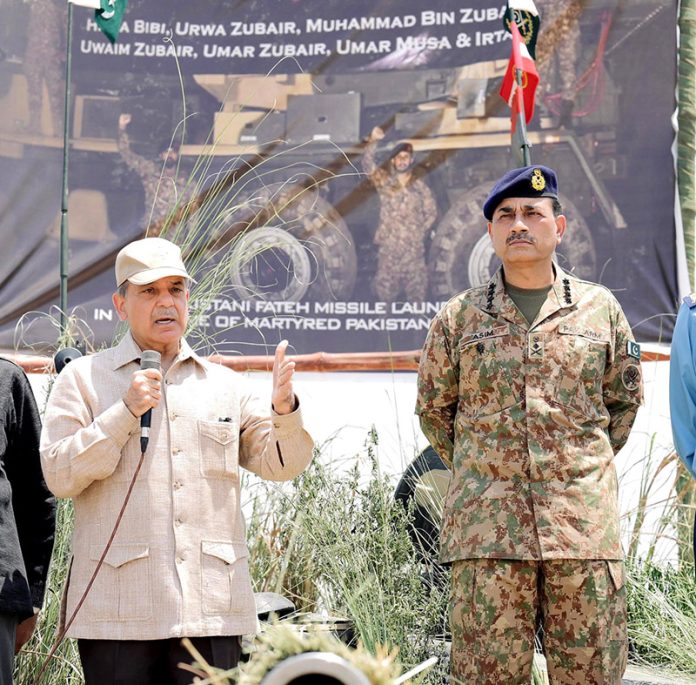 Prime Minister Muhammad Shehbaz Sharif addresses the officers and soldiers who took part in Operation Bunyan-um- Marsous
