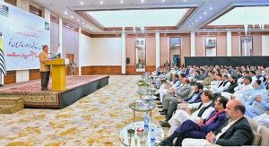 Prime Minister Muhammad Shehbaz Sharif addressing the cheque distributing ceremony amongst the families of martyred during Ma'arka-e-Haq