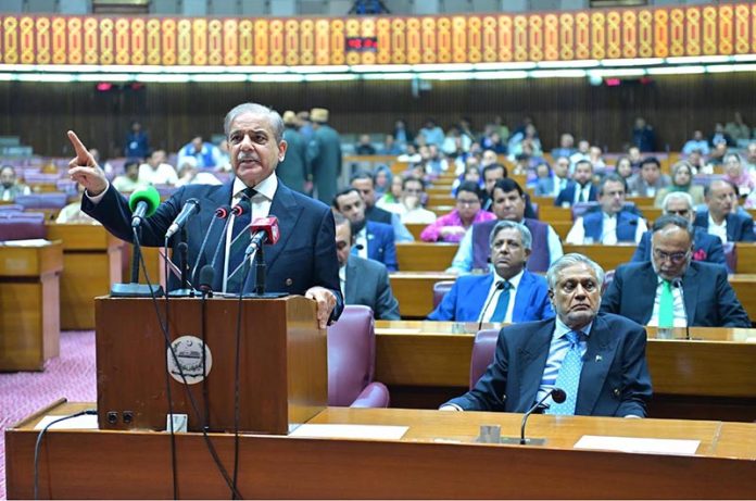 Prime Minister Muhammad Shehbaz Sharif addresses the National Assembly session