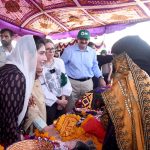 First Lady Aseefa Bhutto Zardari and World Bank Managing Director Ms. Anna Bjerde meet female members of the Village Reconstruction Committee (VRC), formed under the Sindh Peoples Housing Project (SPHP), as they display their handicrafts