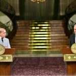 President of Iran Dr. Masoud Pezeshkian and Prime Minister of Pakistan Muhammad Shehbaz Sharif giving joint press statement, after delegation level talks, at Sa'dabad Palace