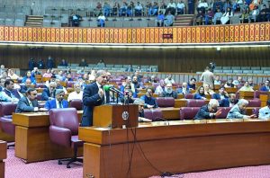Prime Minister Muhammad Shehbaz Sharif addresses the National Assembly session