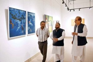 Federal Minister for National Heritage and Culture Division Aurangzeb Khan Khichi visiting a gallery at Arts Council of Pakistan