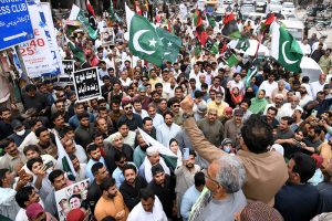 Workers of Pakistan People’s Party protest against Indian attack at Jinnah Bagh Chowk
