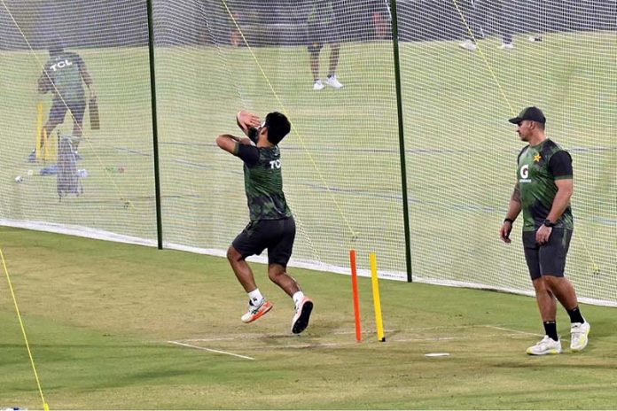 Pakistan Cricket team player attend the practice session for upcoming t20 cricket series between Pakistan vs Bangladesh at Gaddafi Stadium