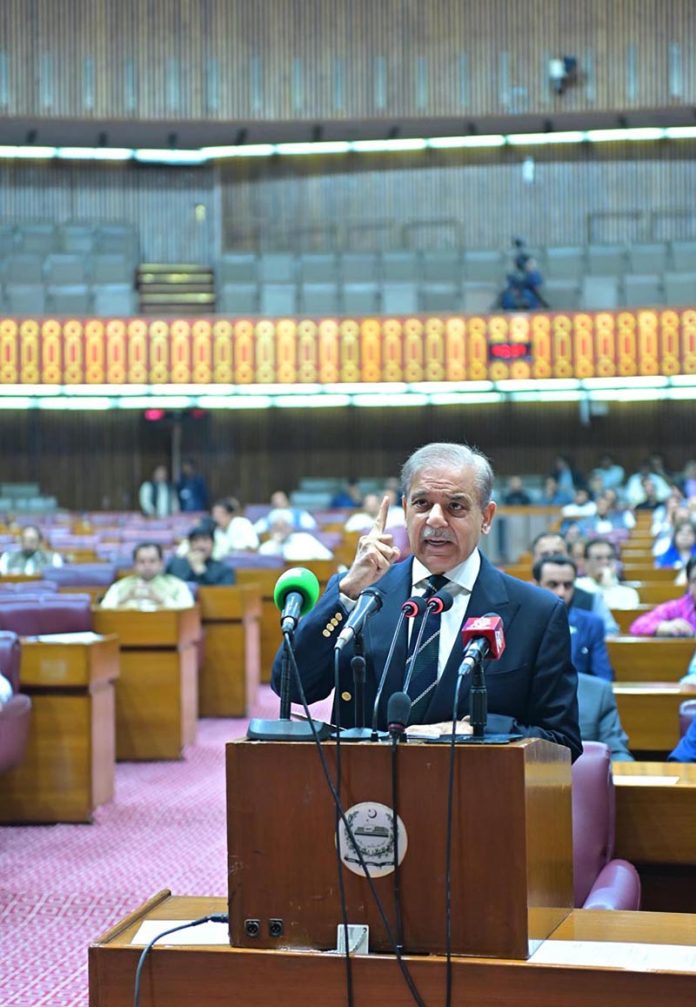Prime Minister Muhammad Shehbaz Sharif addresses the National Assembly session