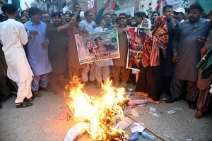 Workers of Pakistan People’s Party protest against Indian attack at Jinnah Bagh Chowk
