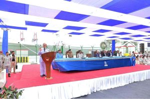 Prime Minister Muhammad Shehbaz Sharif addresses the officers and sailors of Pakistan Navy at Naval Dockyard