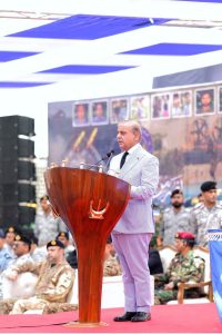 Prime Minister Muhammad Shehbaz Sharif addresses the officers and sailors of Pakistan Navy at Naval Dockyard
