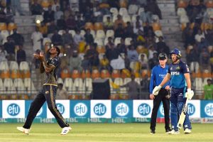 Peshawar Zalmi bowler Alzarri Joseph taking catch to dismiss Multan Sultans batter Shai Hope during the PSL-X T20 cricket match between Multan Sultans and Peshawar Zalmi at the Multan Cricket Stadium