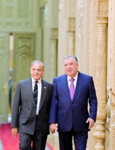 President of Tajikistan, Emomali Rahmon welcomes Prime Minister Muhammad Shehbaz Sharif upon arrival at the Palace of Nations