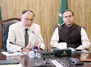 Planning Minister Ahsan Iqbal chairs a meeting to review progress of Karachi Coastal Comprehensive Development Zone. Federal Minister for Maritime Affairs, Muhammad Junaid Anwar Chaudhry is also present