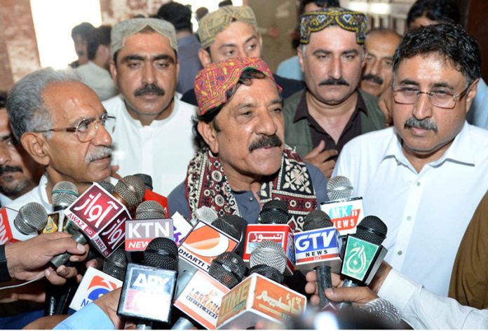 Sindh Minister for Works and Services and Jail Department, Ali Hassan Zardari talking to media persons after meeting with elected members of the National and Provincial Assembly, Elected local government representatives officers regarding upcoming fiscal year budget at DC office
