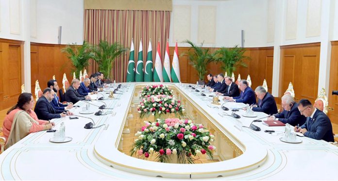Prime Minister Muhammad Shehbaz Sharif addresses delegation level talks between Pakistan and Tajikistan