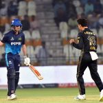 Peshawar Zalmi bowler Maaz Sadaqat celebrates after taking wicket of Multan Sultans batter Ashton Turner during the PSL-X T20 cricket match between Multan Sultans and Peshawar Zalmi at the Multan Cricket Stadium
