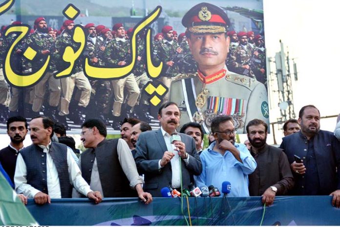Federal Minister for Parliamentary Affairs Dr. Tariq Fazal Chaudhary addressing to “Defah-e-Pakistan Rally” after Indian airstrikes at Abpara chowk in the Federal Capital