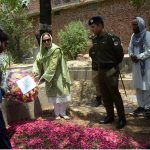 Madam Sajida Farooq Tarar, mother of Federal Minister for Information and Broadcasting Attaullah Tarar, lays a floral wreath at the grave of Shaheed Ali Haider in NA-127 constituency observing Yaum-e-Shukr on the success of Ma'araka-e-Haq