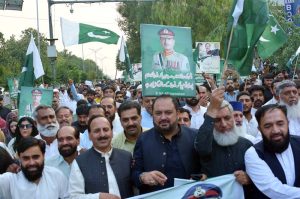 Federal Minister for Parliamentary Affairs Dr. Tariq Fazal Chaudhary addressing to “Defah-e-Pakistan Rally” after Indian airstrikes at Abpara chowk in the Federal Capital