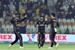 Peshawar Zalmi bowler Maaz Sadaqat celebrates after taking wicket of Multan Sultans batter Ashton Turner during the PSL-X T20 cricket match between Multan Sultans and Peshawar Zalmi at the Multan Cricket Stadium