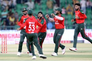 Pakistani batter Muhammad Haris playing a shot during the second T20 International cricket match of the three match series between Pakistan and Bangladesh at the Gaddafi Cricket Stadium