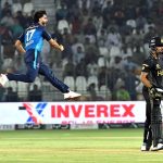 Multan Sultans bowler Shahid Aziz celebrates after taking wicket of Peshawar Zalmi batter Babar Azam during the PSL-X T20 cricket match between Multan Sultans and Peshawar Zalmi teams at the Multan Cricket Stadium