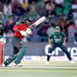 Bangladesh batter Tanzid Hasan playing a shot during the second T20 International cricket match of the three match series between Pakistan and Bangladesh at the Gaddafi Cricket Stadium