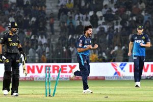 Multan Sultans bowler Shahid Aziz celebrates after taking wicket of Peshawar Zalmi batter Babar Azam during the PSL-X T20 cricket match between Multan Sultans and Peshawar Zalmi teams at the Multan Cricket Stadium