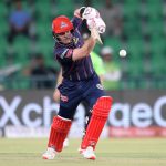 Karachi Kings batter Tim Siefert plays a shot during the Pakistan Super League PSL-X T20 cricket match against Lahore Qalanders at the Gaddafi Cricket Stadium