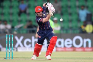Karachi Kings batter Tim Siefert plays a shot during the Pakistan Super League PSL-X T20 cricket match against Lahore Qalanders at the Gaddafi Cricket Stadium