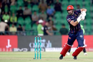 Karachi Kings batter Tim Siefert plays a shot during the Pakistan Super League PSL-X T20 cricket match against Lahore Qalanders at the Gaddafi Cricket Stadium