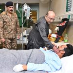 President Asif Ali Zardari inquiring after the health of the civilians and military personnel who were injured during the unprovoked Indian attacks on Pakistan, at Combined Military Hospital