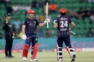 Karachi Kings batter Tim Siefert plays a shot during the Pakistan Super League PSL-X T20 cricket match against Lahore Qalanders at the Gaddafi Cricket Stadium