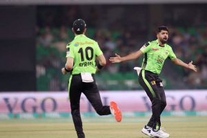 Lahore Qalanders players celebrate the wicket of Karachi Kings James Vince during the Pakistan Super League PSL-X T20 cricket match against Karachi Kings at the Gaddafi Cricket Stadium