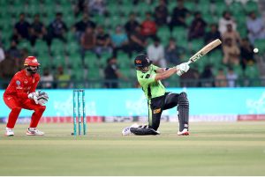 Lahore Qalanders batter Muhammad Naeem plays a shot during the Pakistan Super League PSL-X T20 cricket match against Islamabad United at the Gaddafi Cricket Stadium