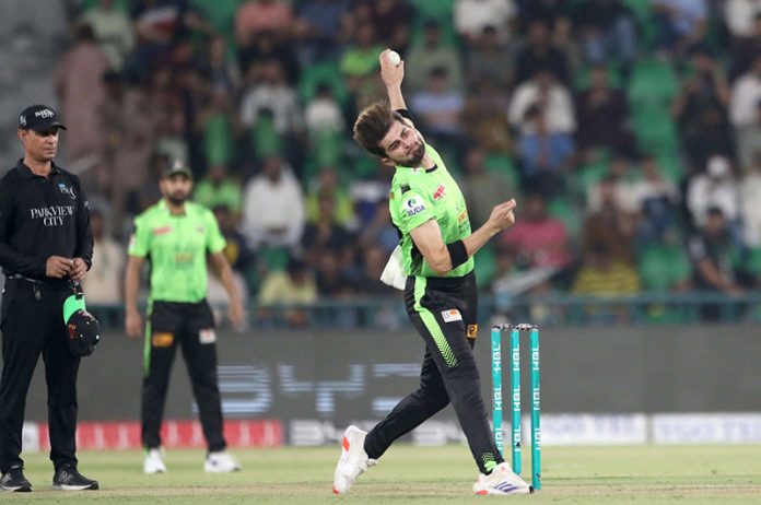 Lahore Qalanders bowler Shaheen Shah Afridi in action during the Pakistan Super League PSL-X T20 cricket match against Karachi Kings at the Gaddafi Cricket Stadium