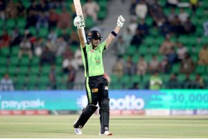 Lahore Qalanders batter Muhammad Naeem plays a shot during the Pakistan Super League PSL-X T20 cricket match against Islamabad United at the Gaddafi Cricket Stadium