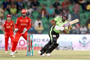 Lahore Qalanders batter Bhanuka Rajapaksa bowled out by Salman Irshad during the Pakistan Super League PSL-X T20 cricket match between Lahore Qalanders and Islamabad United at the Gaddafi Cricket Stadium