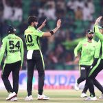 Lahore Qalanders players celebrate the wicket of Islamabad Uniteds’ Muhammad Shahzad bowled by Shaheen Shah Afridi during the Pakistan Super League PSL-X T20 cricket match between Lahore Qalanders and Islamabad United at the Gaddafi Cricket Stadium