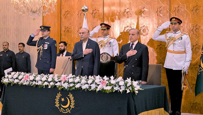 President Asif Ali Zardari and Prime Minister Muhammad Shehbaz Sharif at the Investiture Ceremony to confer the baton of Field Marshal upon the Chief of Army Staff, Field Marshal Syed Asim Munir NI(M) at Aiwan-e-Sadr