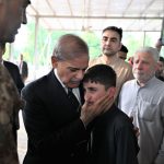 Prime Minister Muhammad Shehbaz Sharif consoles the family member of the seven-year-old Irtaza Abbas Turi, son of Lieutenant Colonel Zaheer Abbas Turi, who was martyred in Dawarandi, Azad Jammu & Kashmir, due to India's missile strike. The funeral was held at H-8 graveyard