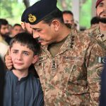 General Syed Asim Munir, NI (M), Chief of Army Staff (COAS) consoles the family member of the seven-year-old Irtaza Abbas Turi, son of Lieutenant Colonel Zaheer Abbas Turi, who was martyred in Dawarandi, Azad Jammu & Kashmir, due to India's missile strike. The funeral was held at H-8 graveyard