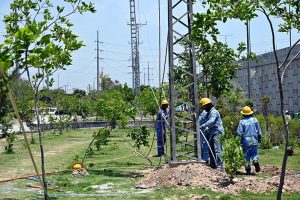 IESCO staffers busy installing new electric wires on electric poles at IJP Road in Federal Capital