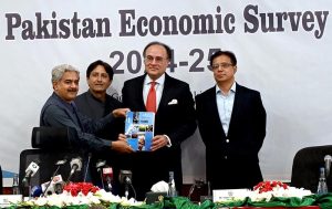 Federal Finance Minister, Muhammad Aurangzeb unveils the Pakistan Economic Survey 2024-25, a pre-budget document at Ministry of Finance