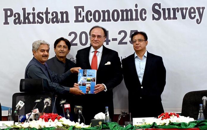 Federal Finance Minister, Muhammad Aurangzeb unveils the Pakistan Economic Survey 2024-25, a pre-budget document at Ministry of Finance