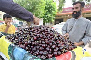 A vendor selling Cherries along the roadside on his cart setup.